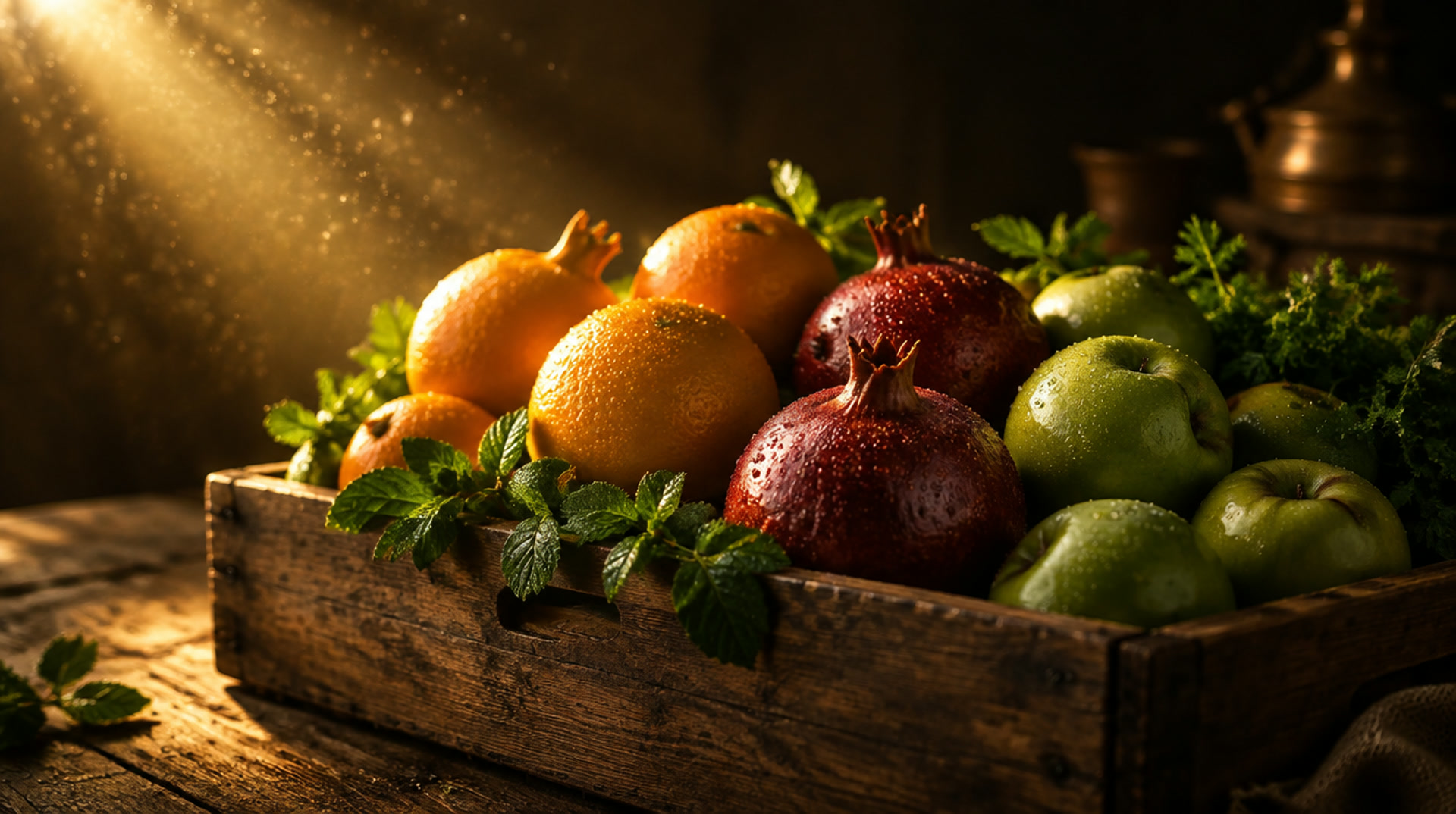 Illustrative image: a wooden crate of fresh oranges, pomegranates, and apples