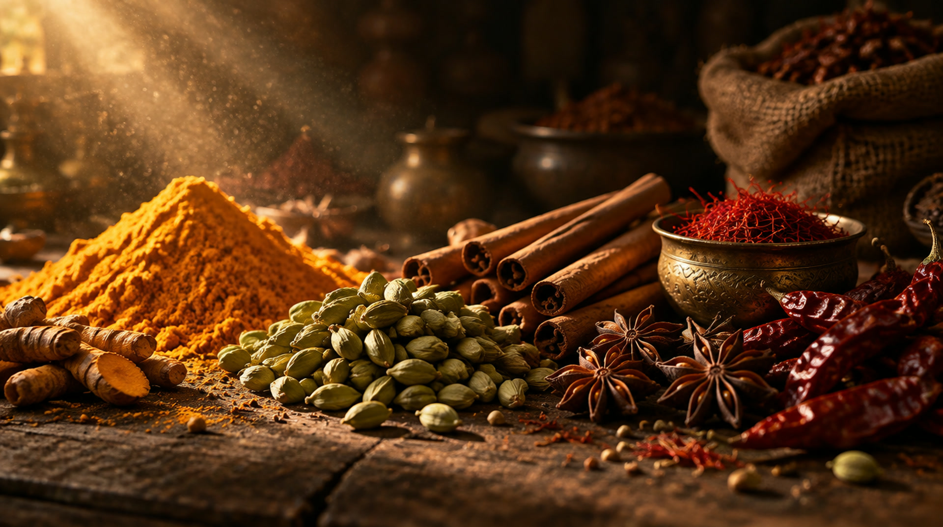 Illustrative image: heaps of turmeric, cardamom, cinnamon, and saffron in warm light