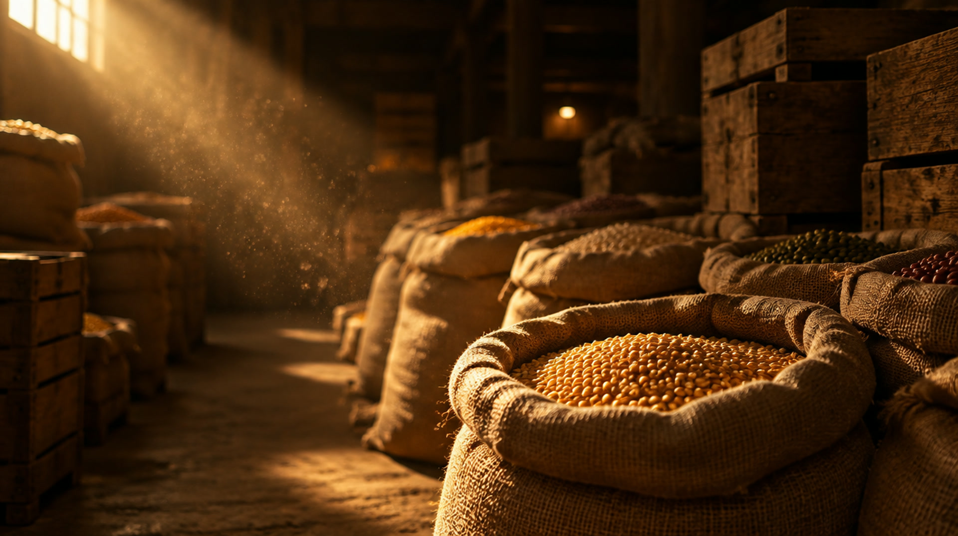 Illustrative image: burlap sacks of grain and wooden crates in a warm warehouse